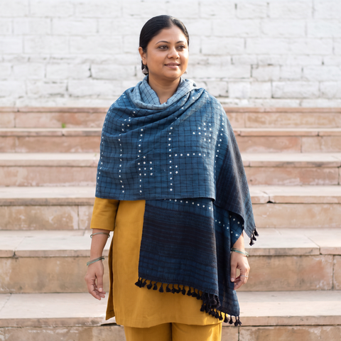 Blue Kutch Handwoven Clamp Dyed Checks Bandhani Merino Wool Shawl, worn by a model, AI visual of the shawl, iTokri