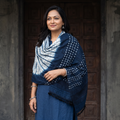 Blue Kutch Handwoven Clamp Dyed Checks Bandhani Merino Wool Shawl, worn by a model, AI visual of the shawl, iTokri