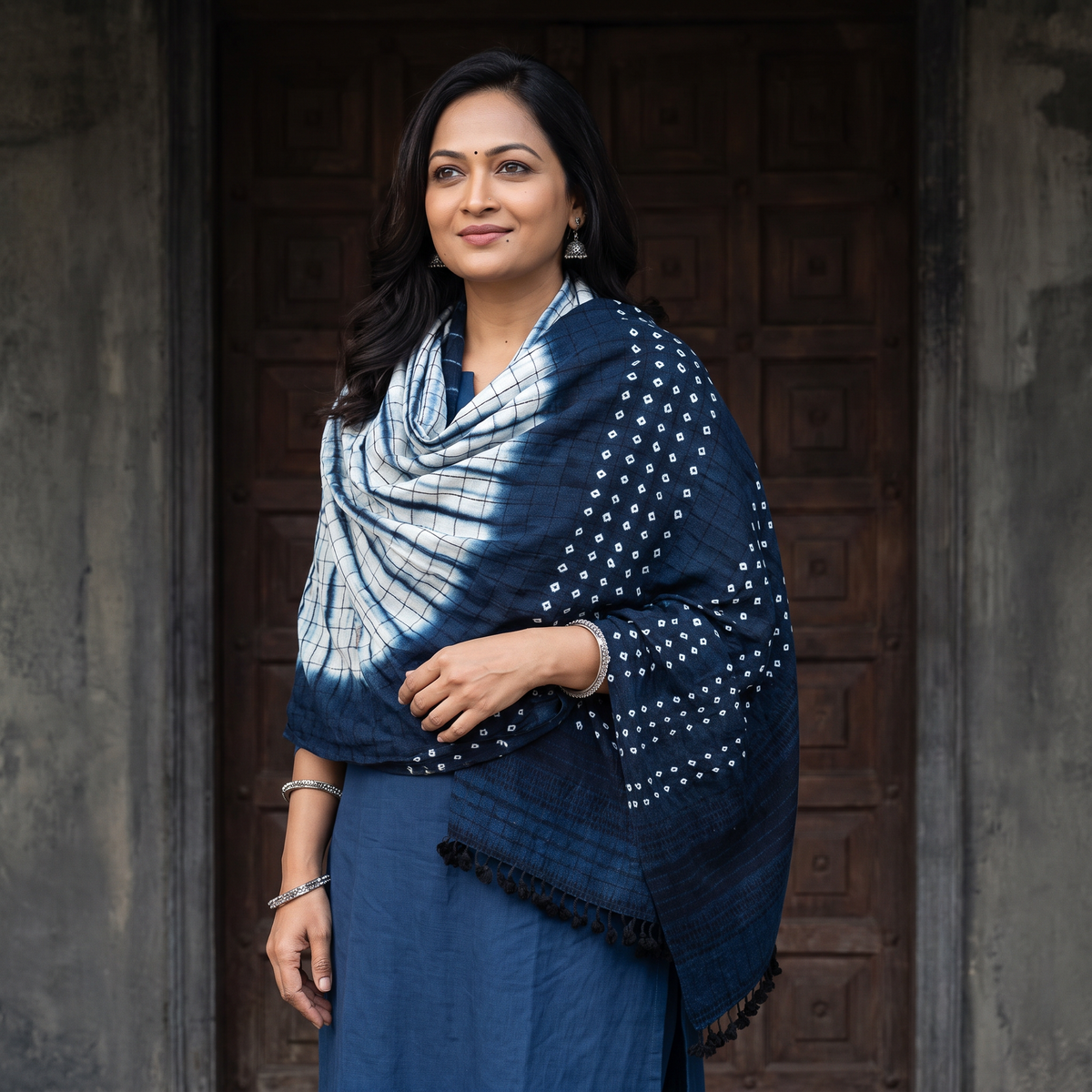 Blue Kutch Handwoven Clamp Dyed Checks Bandhani Merino Wool Shawl, worn by a model, AI visual of the shawl, iTokri