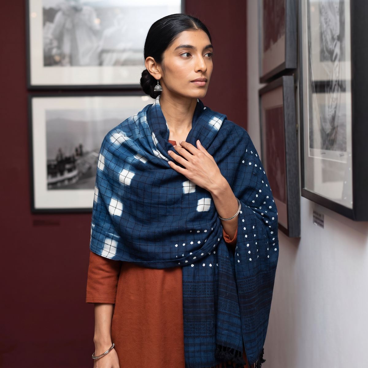 Blue Kutch Handwoven Clamp Dyed Checks Bandhani Merino Wool Shawl, worn by a model, AI visual of the shawl, iTokri