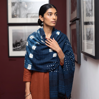 Blue Kutch Handwoven Clamp Dyed Checks Bandhani Merino Wool Shawl, worn by a model, AI visual of the shawl, iTokri