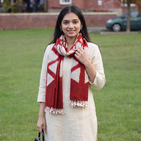 Red Kutch Handwoven Clamp Dyed Merino Wool x Katia Silk Shibori Stole, worn by a woman, AI visual of the stole, iTokri