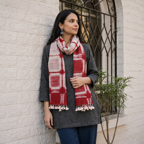Red Kutch Handwoven Clamp Dyed Merino Wool x Katia Silk Shibori Stole, worn by a woman, AI visual of the stole, iTokri
