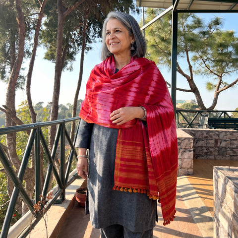 Pink Kutch Handwoven Clamp Dyed Shibori Desi Wool Shawl, worn by a model, AI visual of the shawl, iTokri