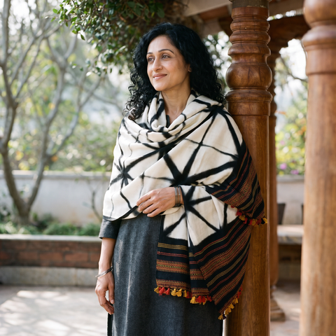 White Kutch Handwoven Clamp Dyed Shibori Merino Wool Shawl, worn by a model, AI visual of the shawl, iTokri