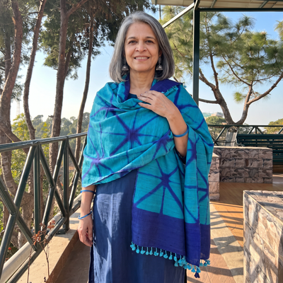 Blue Kutch Handwoven Clamp Dyed Shibori Silk x Merino Wool Shawl, worn by a model, AI visual of the shawl, iTokri