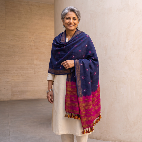 Blue Kutch Handwoven Merino Wool Bandhani Tie-Dye Shawl, worn by a model, AI visual of the shawl, iTokri