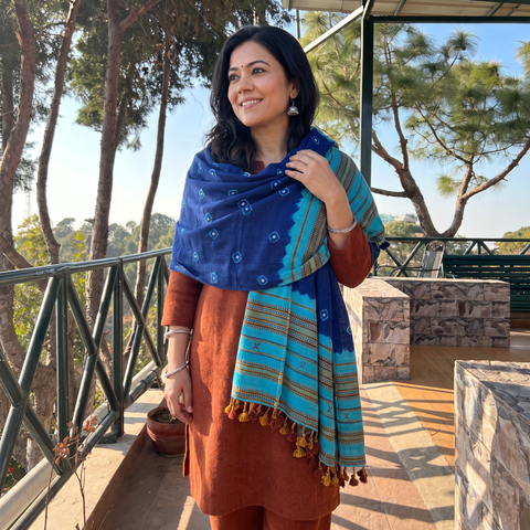 Blue Kutch Handwoven Merino Wool Bandhani Tie-Dye Shawl, worn by a model, AI visual of the shawl, iTokri