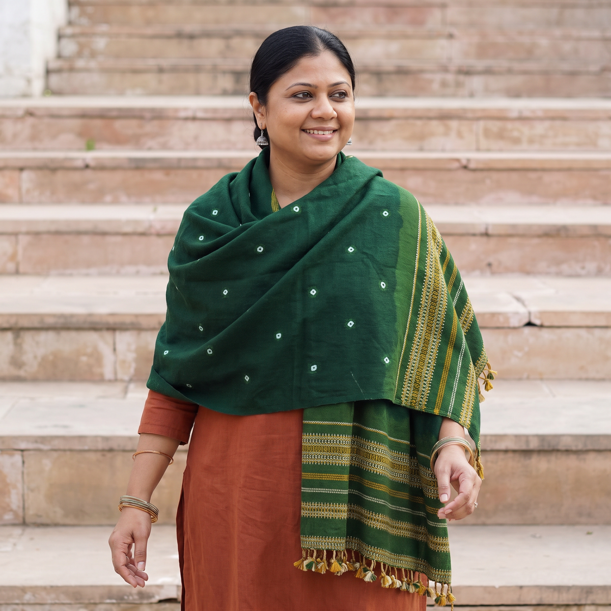 Green Kutch Handwoven Merino Wool Bandhani Tie-Dye Shawl, worn by a model, AI visual of the shawl, iTokri