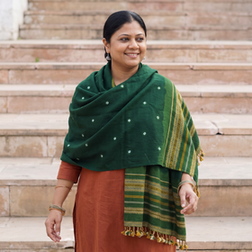 Green Kutch Handwoven Merino Wool Bandhani Tie-Dye Shawl, worn by a model, AI visual of the shawl, iTokri