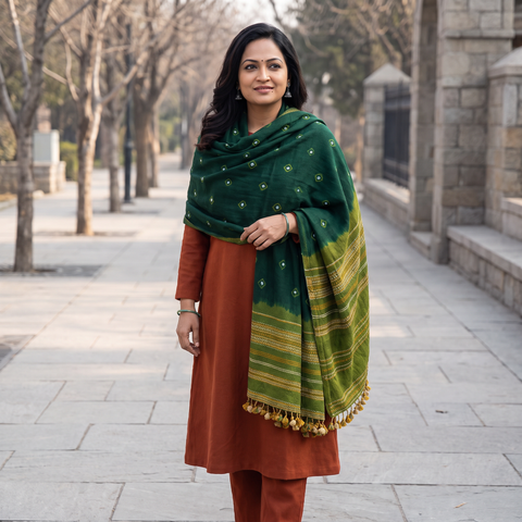 Green Kutch Handwoven Merino Wool Bandhani Tie-Dye Shawl, worn by a model, AI visual of the shawl, iTokri