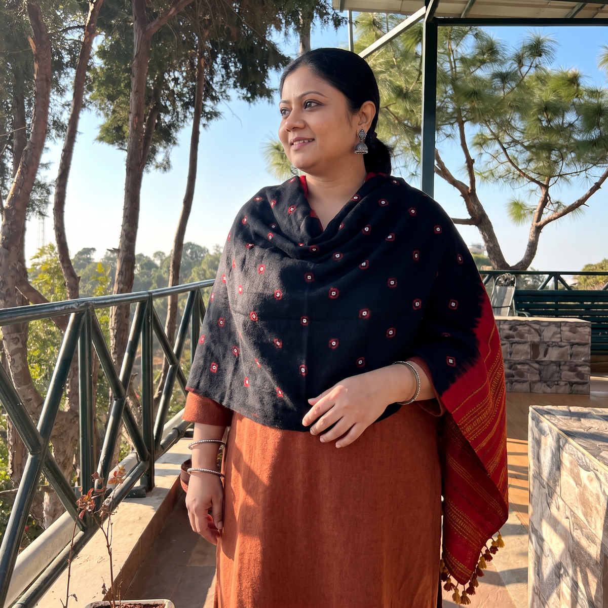 Black Kutch Handwoven Merino Wool Bandhani Tie-Dye Shawl, worn by a model, AI visual of the shawl, iTokri