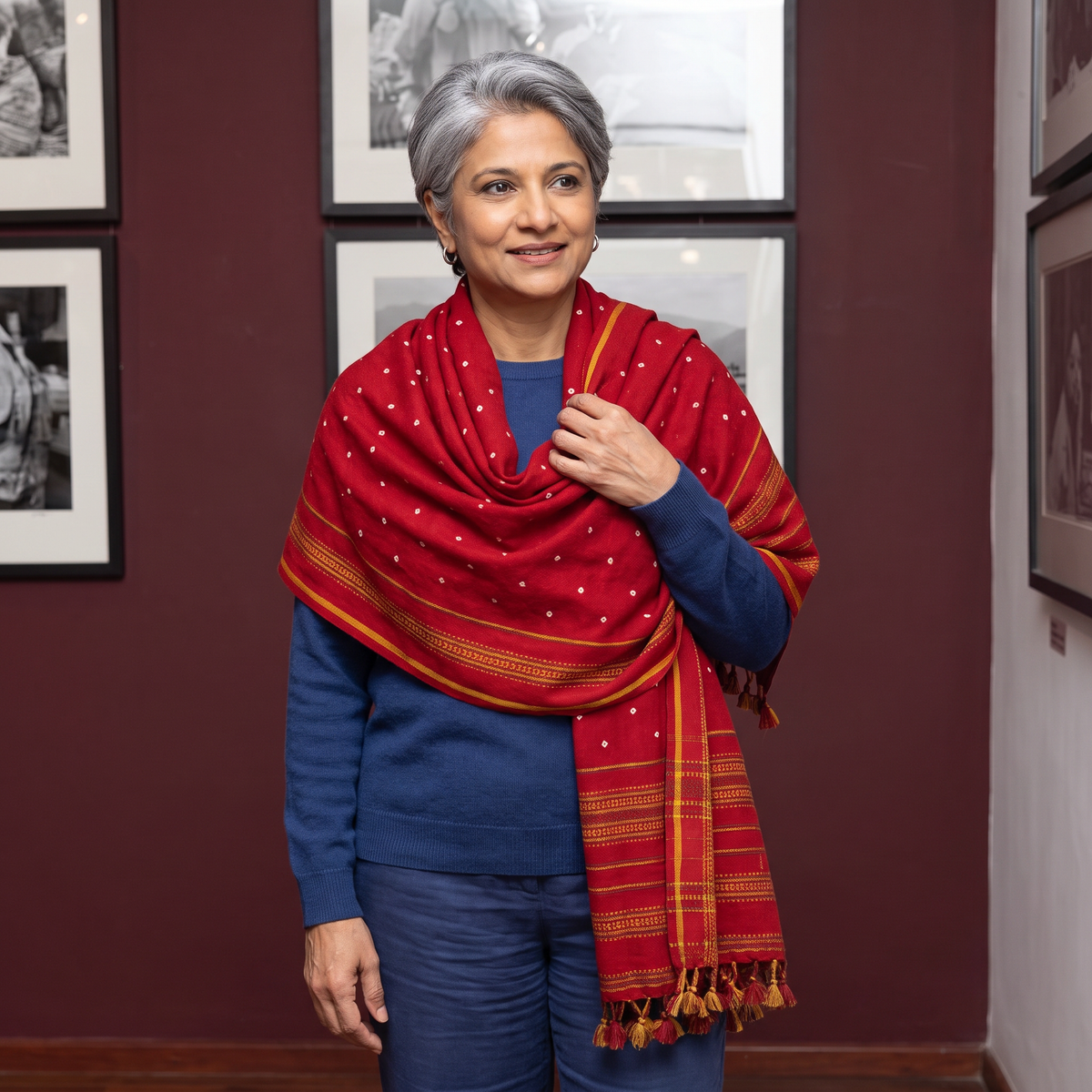 Red Kutch Handwoven Merino Wool Bandhani Tie-Dye Shawl, worn by a model, AI visual of the shawl, iTokri