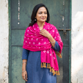 Pink Kutch Handwoven Merino Wool Bandhani Tie-Dye Shawl, worn by a model, AI visual of the shawl, iTokri