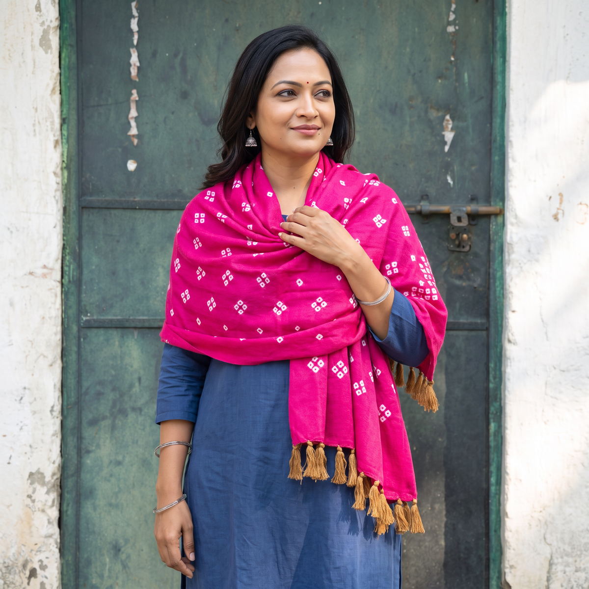 Pink Kutch Handwoven Merino Wool Bandhani Tie-Dye Shawl, worn by a model, AI visual of the shawl, iTokri