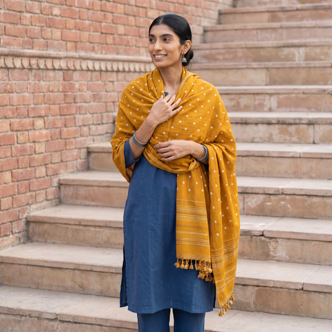 Yellow Kutch Handwoven Merino Wool Bandhani Tie-Dye Shawl, worn by a model, AI visual of the shawl, iTokri