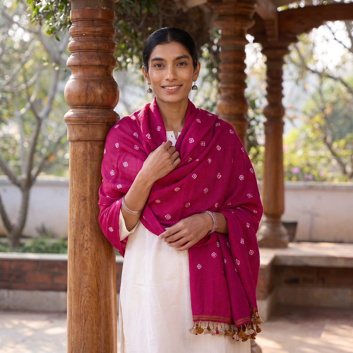 Pink Kutch Handwoven Merino Wool Bandhani Tie-Dye Shawl, worn by a model, AI visual of the shawl, iTokri