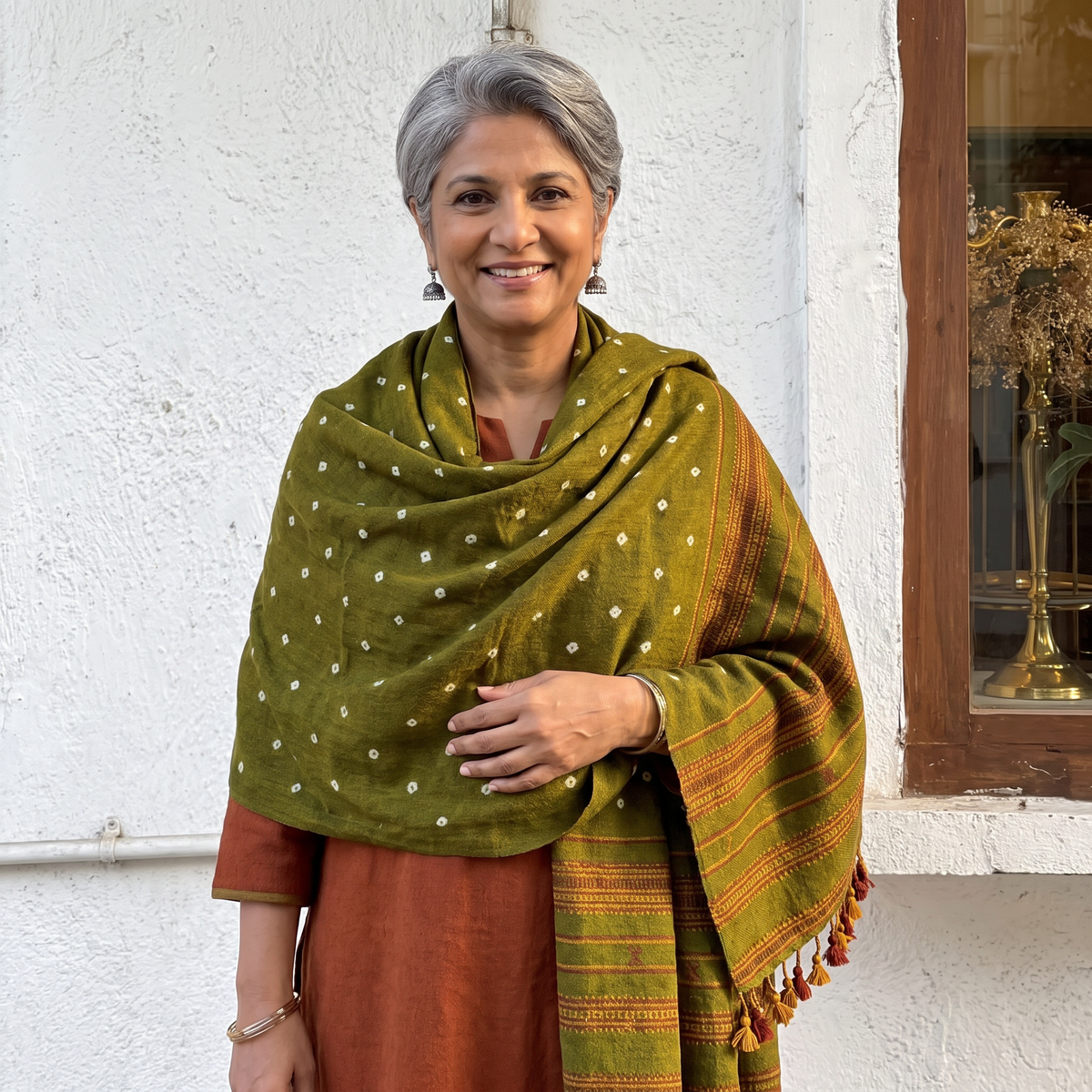 Green Kutch Handwoven Merino Wool Bandhani Tie-Dye Shawl, worn by a model, AI visual of the shawl, iTokri