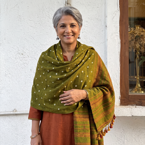 Green Kutch Handwoven Merino Wool Bandhani Tie-Dye Shawl, worn by a model, AI visual of the shawl, iTokri