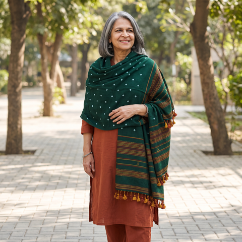 Green Kutch Handwoven Merino Wool Bandhani Tie-Dye Shawl, worn by a model, AI visual of the shawl, iTokri