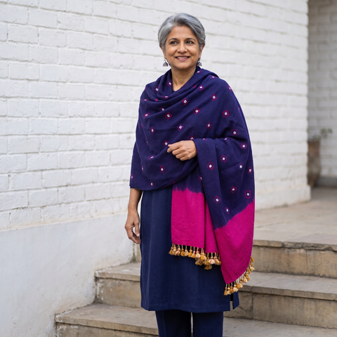Blue Kutch Handwoven Merino Wool Bandhani Tie-Dye Shawl, worn by a model, AI visual of the shawl, iTokri