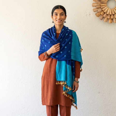 Blue Kutch Handwoven Merino Wool Bandhani Tie-Dye Shawl, worn by a model, AI visual of the shawl, iTokri