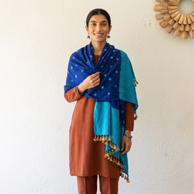 Blue Kutch Handwoven Merino Wool Bandhani Tie-Dye Shawl, worn by a model, AI visual of the shawl, iTokri