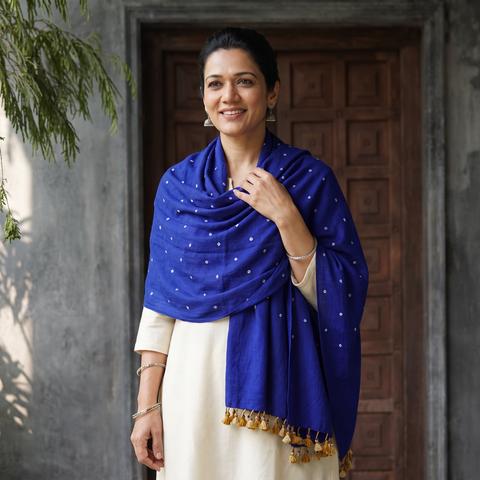 Blue Kutch Handwoven Merino Wool Bandhani Tie-Dye Shawl, worn by a model, AI visual of the shawl, iTokri