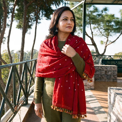 Red Kutch Handwoven Merino Wool Bandhani Tie-Dye Shawl, worn by a model, AI visual of the shawl, iTokri