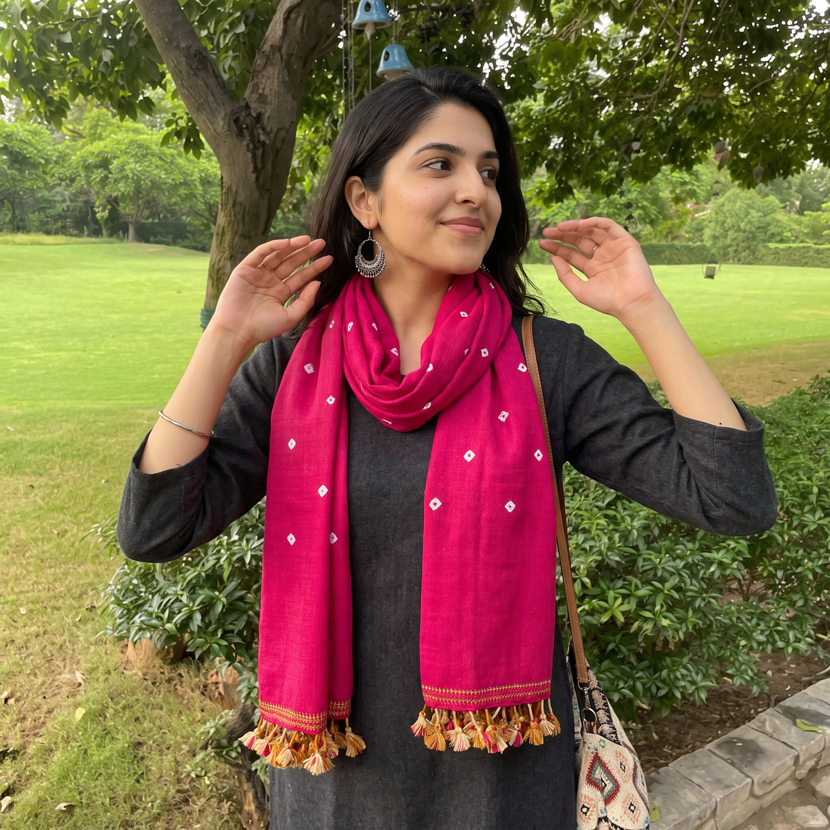 Pink Kutch Handwoven Merino Wool Bandhani Tie-Dye Stole, worn by a woman, AI visual of the stole, iTokri