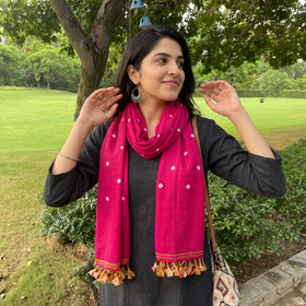 Pink Kutch Handwoven Merino Wool Bandhani Tie-Dye Stole, worn by a woman, AI visual of the stole, iTokri
