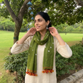 Green Kutch Handwoven Merino Wool Bandhani Tie-Dye Stole, worn by a woman, AI visual of the stole, iTokri