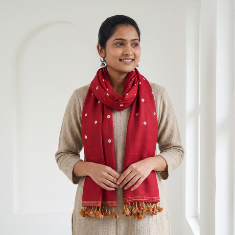 Red Kutch Handwoven Merino Wool Bandhani Tie-Dye Stole, worn by a woman, AI visual of the stole, iTokri