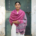 Pink Kutch Handwoven Merino Wool Dhabla Shawl, worn by a model, AI visual of the shawl, iTokri