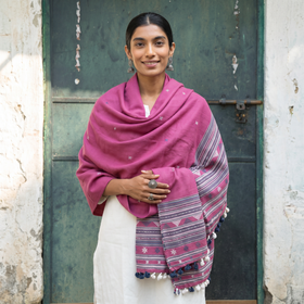 Pink Kutch Handwoven Merino Wool Dhabla Shawl, worn by a model, AI visual of the shawl, iTokri