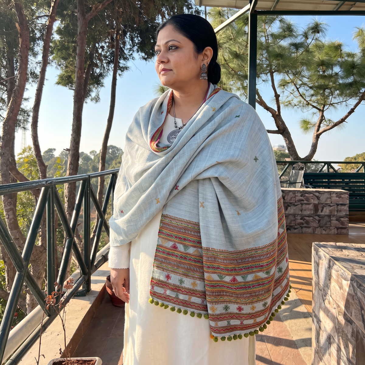 White Kutch Handwoven Merino Wool Dhabla Shawl, worn by a model, AI visual of the shawl, iTokri