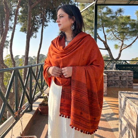 Orange Kutch Handwoven Merino Wool Dhabla Shawl, worn by a model, AI visual of the shawl, iTokri