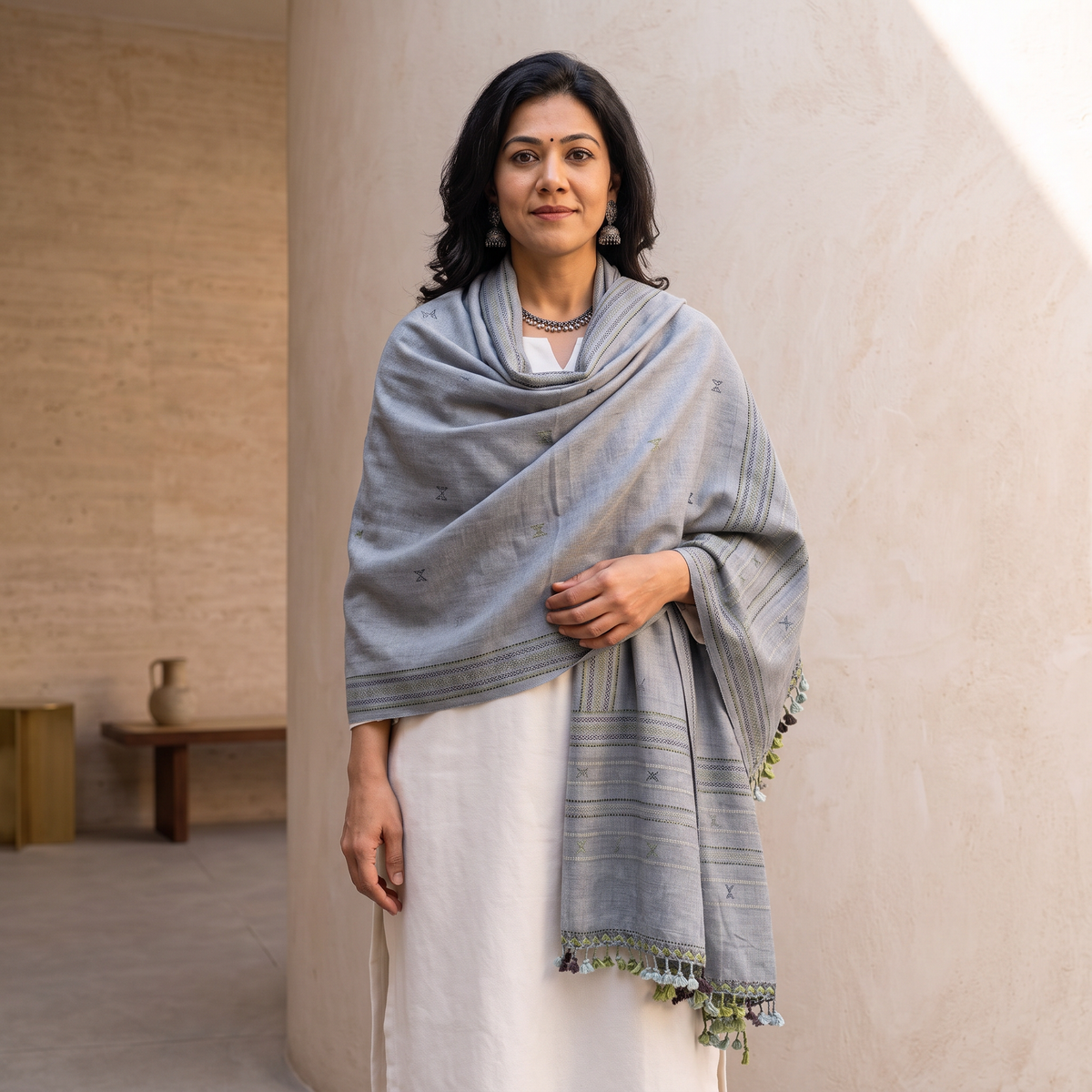 Grey Kutch Handwoven Merino Wool Shawl, worn by a model, AI visual of the shawl, iTokri