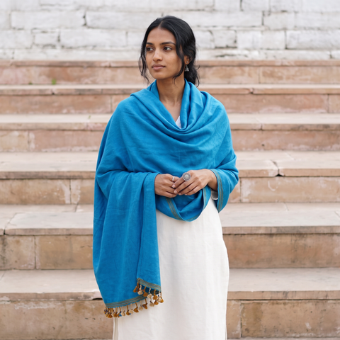 Blue Kutch Handwoven Merino Wool Shawl, worn by a model, AI visual of the shawl, iTokri