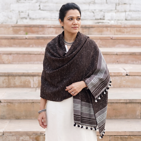 Brown Kutch Handwoven Merino Wool Shawl, worn by a model, AI visual of the shawl, iTokri