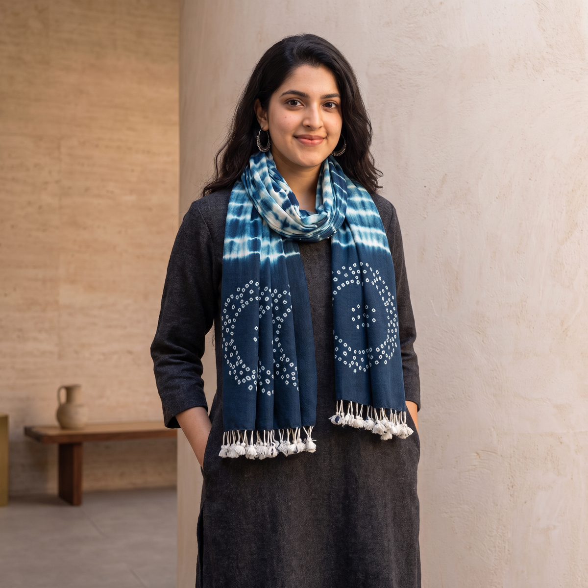 Blue Kutch Handwoven Merino Wool Shibori & Bandhani Stole, worn by a woman, AI visual of the stole, iTokri