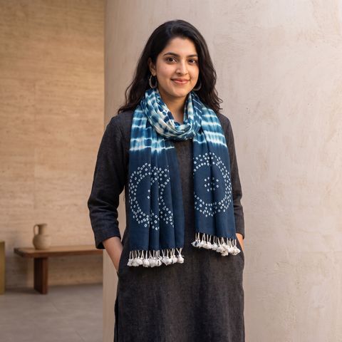 Blue Kutch Handwoven Merino Wool Shibori & Bandhani Stole, worn by a woman, AI visual of the stole, iTokri