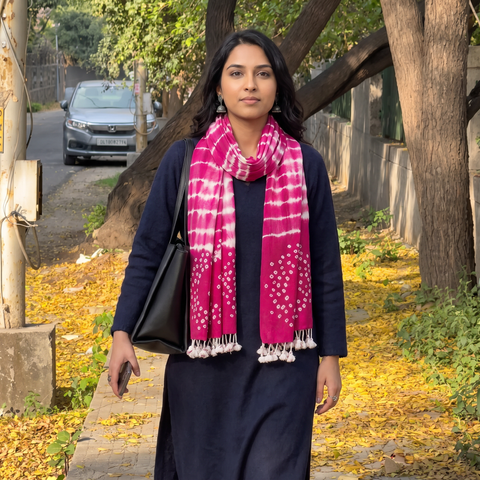 Pink Kutch Handwoven Merino Wool Shibori & Bandhani Stole, worn by a woman, AI visual of the stole, iTokri