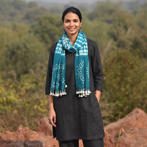 Blue Kutch Handwoven Merino Wool Shibori & Bandhani Stole, worn by a woman, AI visual of the stole, iTokri