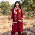 Red Kutch Handwoven Merino Wool Shibori & Bandhani Stole, worn by a woman, AI visual of the stole, iTokri