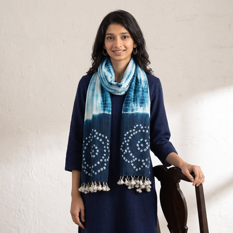 Blue Kutch Handwoven Merino Wool Shibori & Bandhani Stole, worn by a woman, AI visual of the stole, iTokri