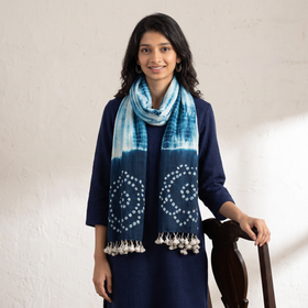 Blue Kutch Handwoven Merino Wool Shibori & Bandhani Stole, worn by a woman, AI visual of the stole, iTokri