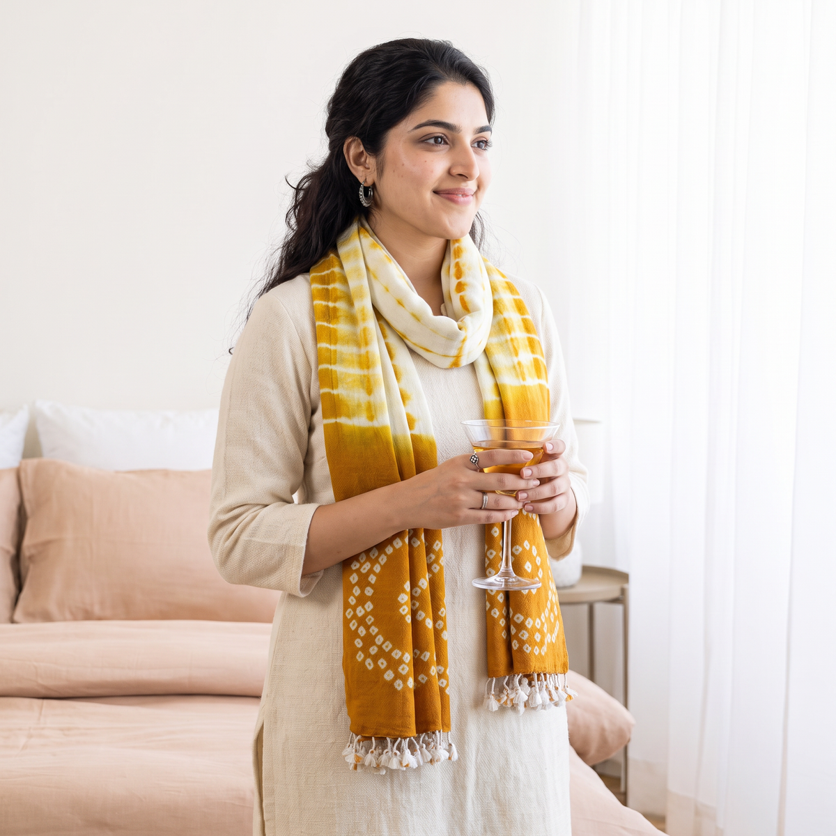 Yellow Kutch Handwoven Merino Wool Shibori & Bandhani Stole, worn by a woman, AI visual of the stole, iTokri