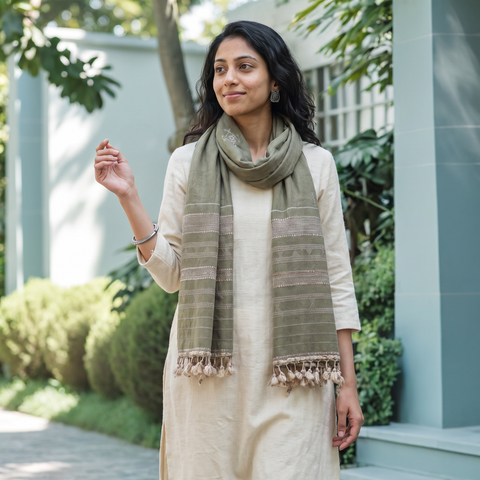 Green Kutch Handwoven Merino Wool Stole, worn by a woman, AI visual of the stole, iTokri