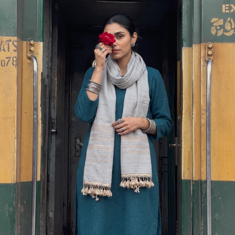 Grey Kutch Handwoven Merino Wool Stole, worn by a woman, AI visual of the stole, iTokri